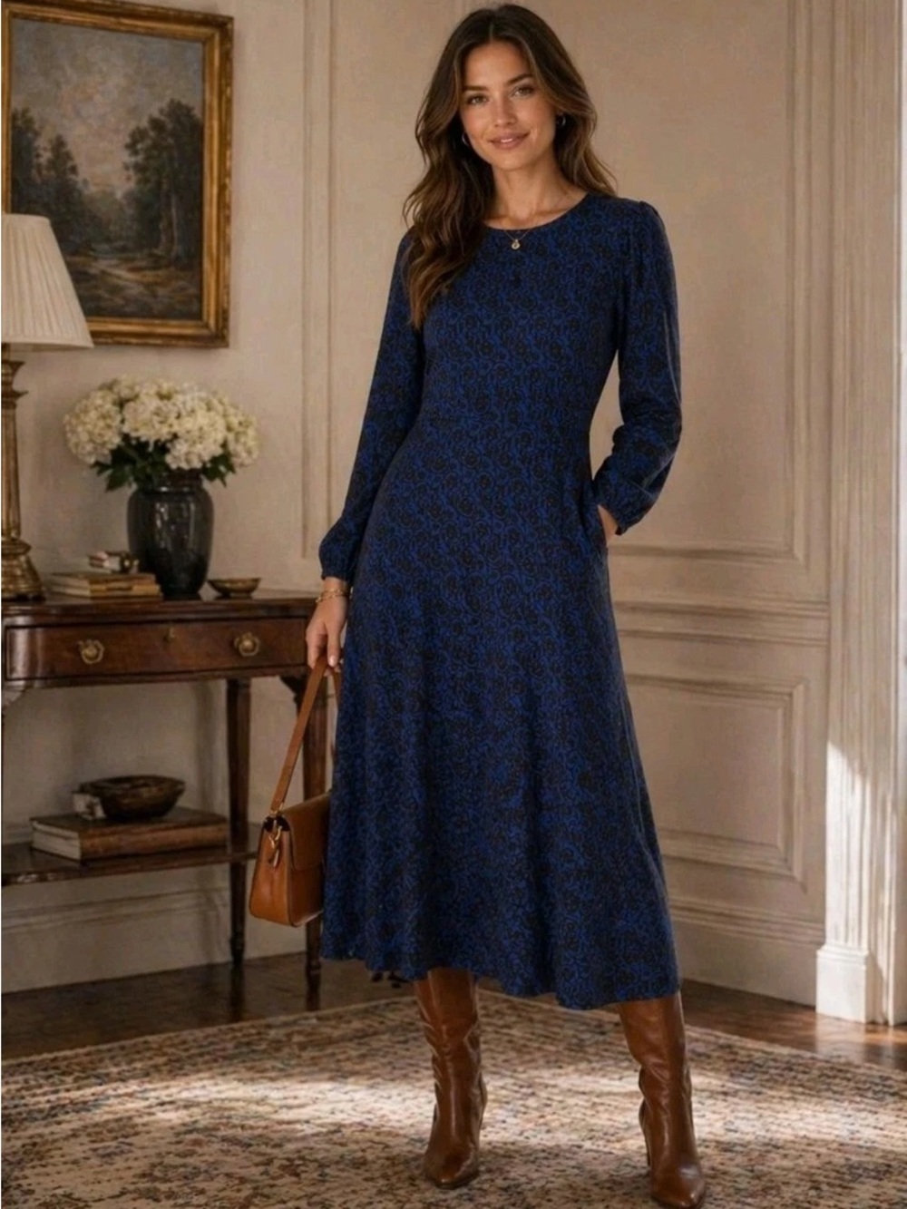 Boden Camille Jersey Midi Dress NWT 16 Atlantic Primrose Swirl Blue Floral